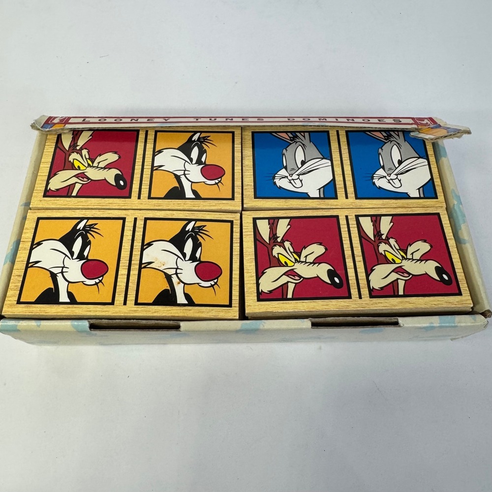 Vintage 1994 Looney Tunes Wooden Dominoes Tiles Game 28 Piece Set Warner Bros